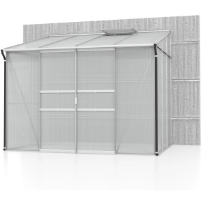 Anlehn-Gewächshaus Ida 5200 mit Alu-Rahmen und Hohlkammerplatten, an Hauswand montiert.