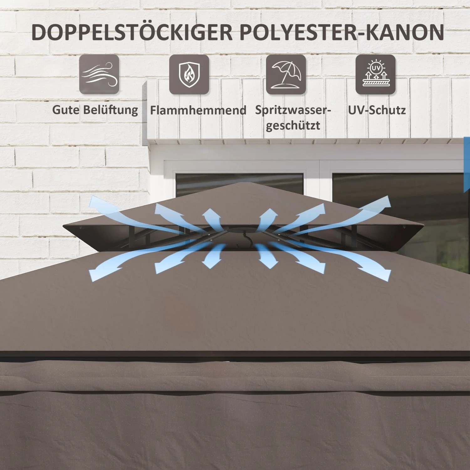 Detailaufnahme des belüfteten Doppel-Dachs vom Outsunny Grillpavillon in Kaffee.