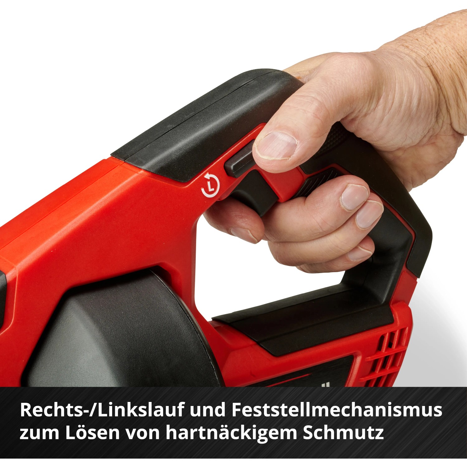 Einhell Akku-Rohrreiniger TE-DA 18/760 Li Solo in roter Farbe mit Hand am Griff.