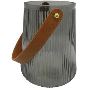 Graues Boltze Windlicht mit geriffelter Glasoberfläche und Kunstledergriff.