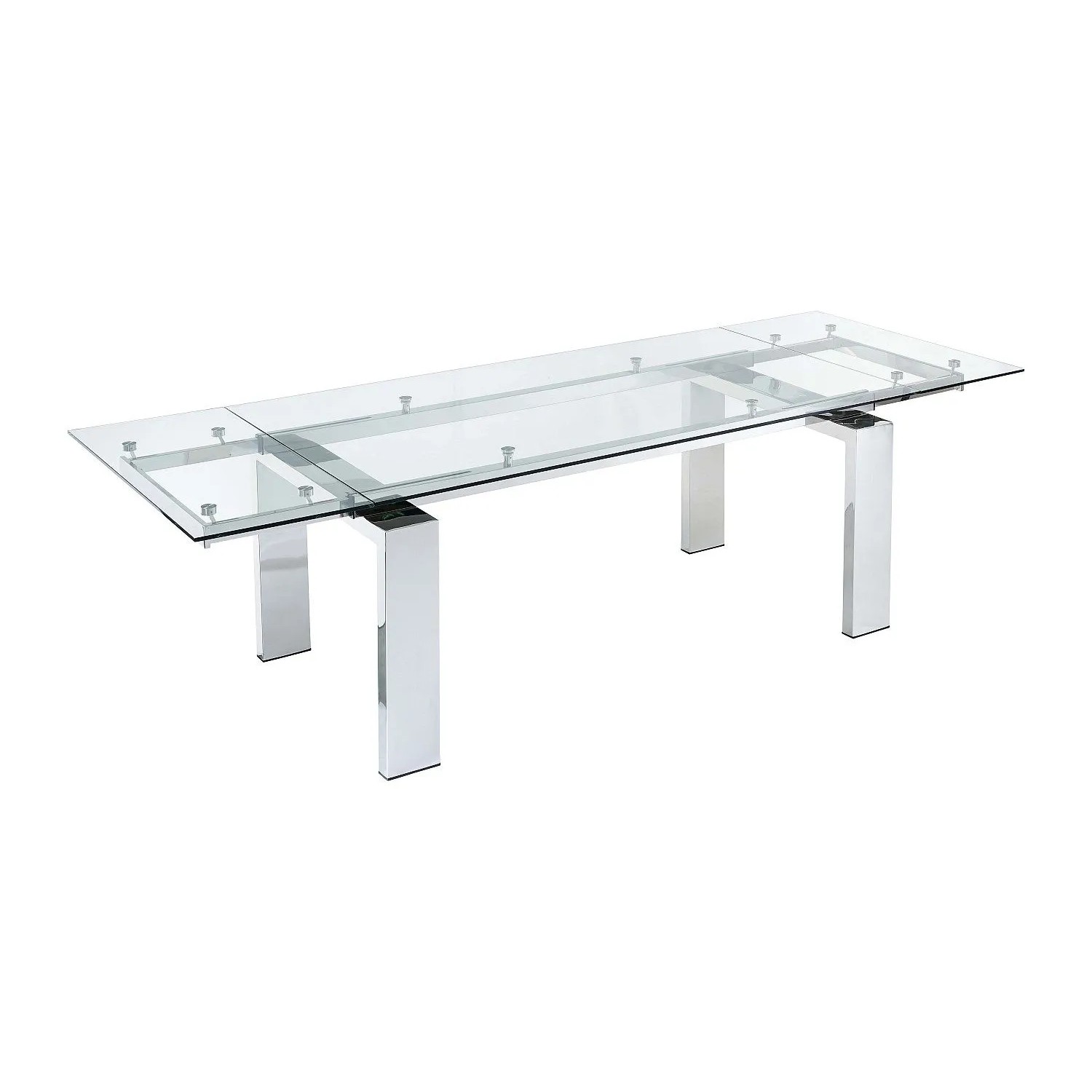 Erweiterbarer Glastisch Lubana für Essgruppen, transparent mit silberfarbenen Metallbeinen.