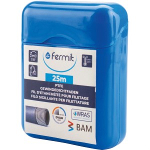 Blauer Spender mit 25m Gewindedichtfaden (PTFE) von Fermit, geeignet für Trinkwasser.