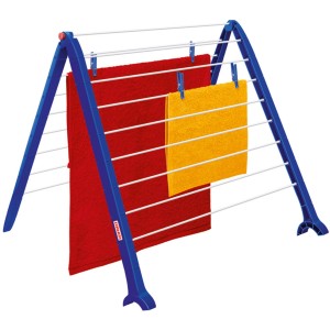Leifheit Badewannentrockner Pegasus V, blauer Wäscheständer für die Badewanne mit Wäsche.