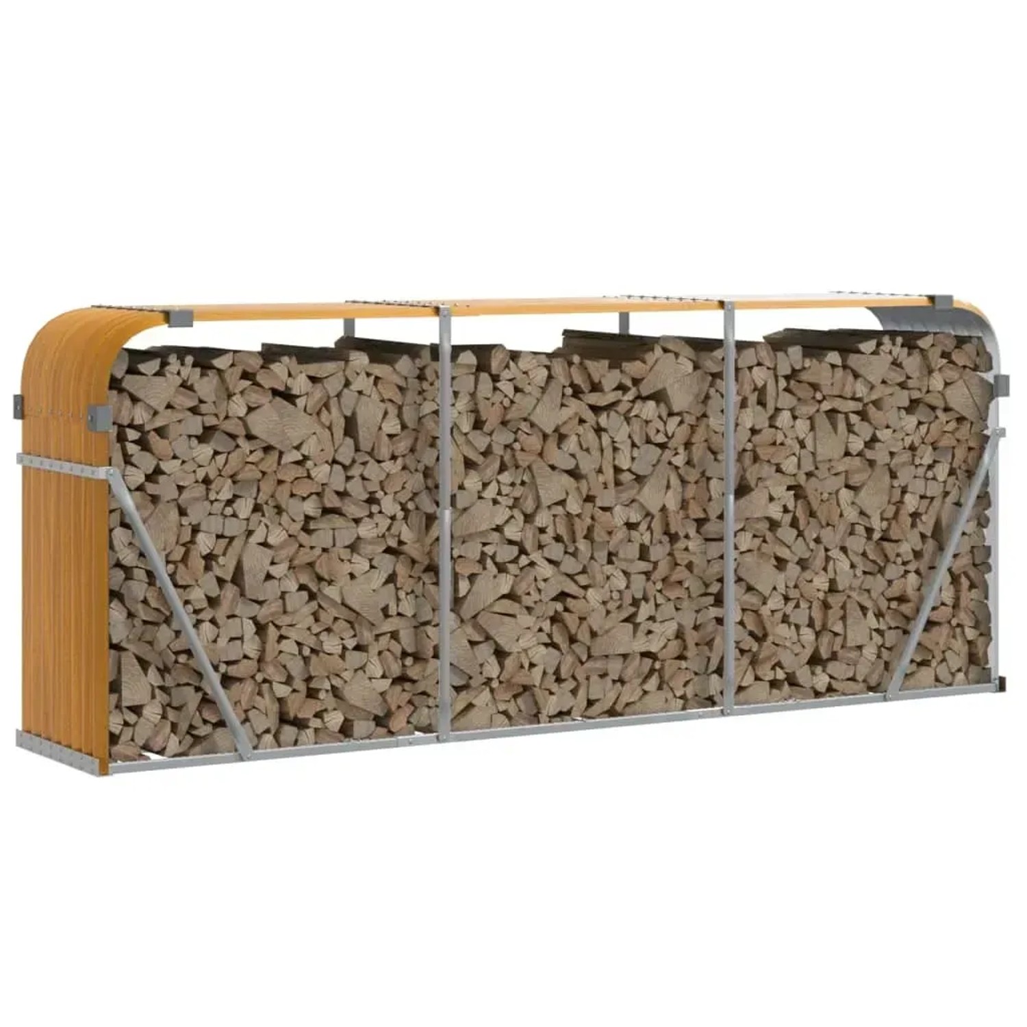 Holzoptik Kaminholzunterstand aus verzinktem Stahl, gefüllt mit Holzscheiten.
