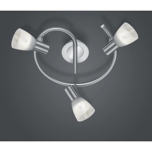 Trio LED-Deckenleuchte Levisto, Nickel matt, mit drei Strahlern und alabasterfarbenem Glas.