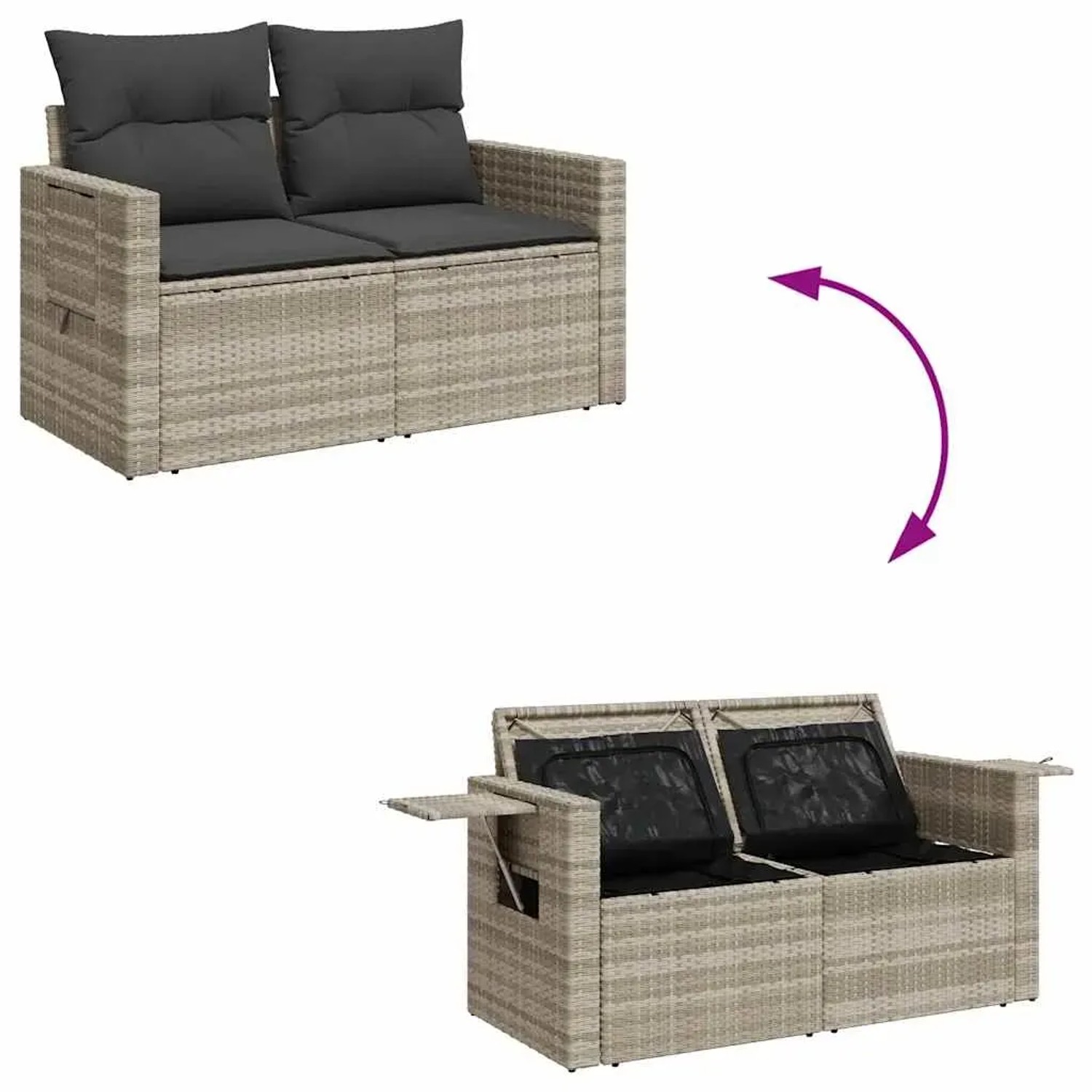 Hellgraue 8-tlg. vidaXL Garten-Sofagarnitur aus Rattan mit Kissen und Stauraum.