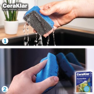 Abrazo CeraKlar Schwämme zur Fensterreinigung im 2er Pack, Anwendung mit Wasser und auf Glas.