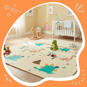 Faltbare Relaxdays Krabbelmatte mit Dinosaurier-Motiv im Kinderzimmer.