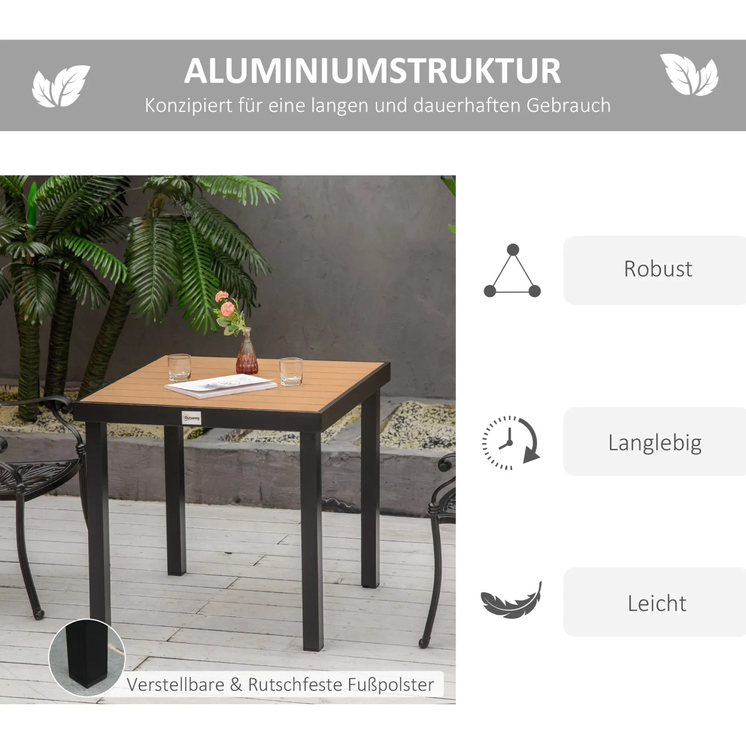 Outsunny Gartentisch für 4 Personen mit Holzoptik und schwarzem Aluminiumgestell.