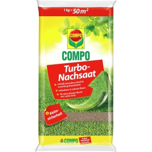 Compo Rasen Nachsaat Turbo 1 kg: Packung Rasensamen zur schnellen Rasenreparatur.