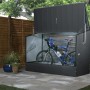 Anthrazitfarbene Trimetals Fahrradgarage mit geöffnetem Deckel und Fahrrad im Inneren.