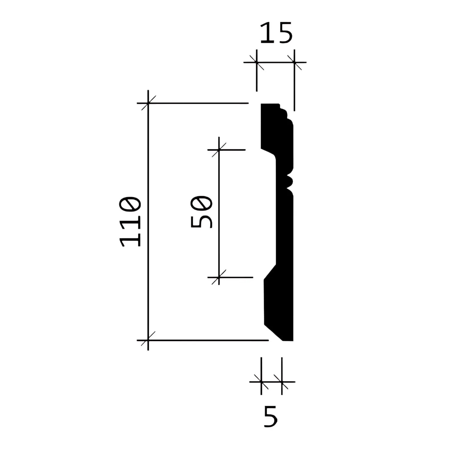 Profilzeichnung der weißen PROFHOME Sockelleiste (110x15mm) im Set mit 18 Zierleisten.