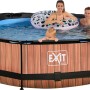 EXIT Wood Pool, Ø 300 cm, mit Familie im Wasser. Stahlrahmenpool mit Holzoptik und Sonnensegel.