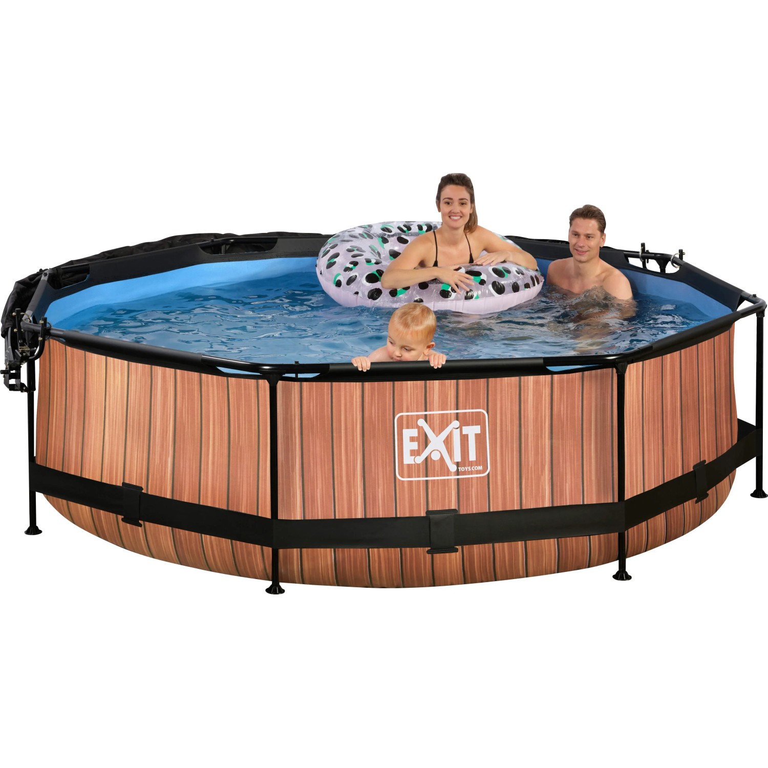EXIT Wood Pool, Ø 300 cm, mit Familie im Wasser. Stahlrahmenpool mit Holzoptik und Sonnensegel.