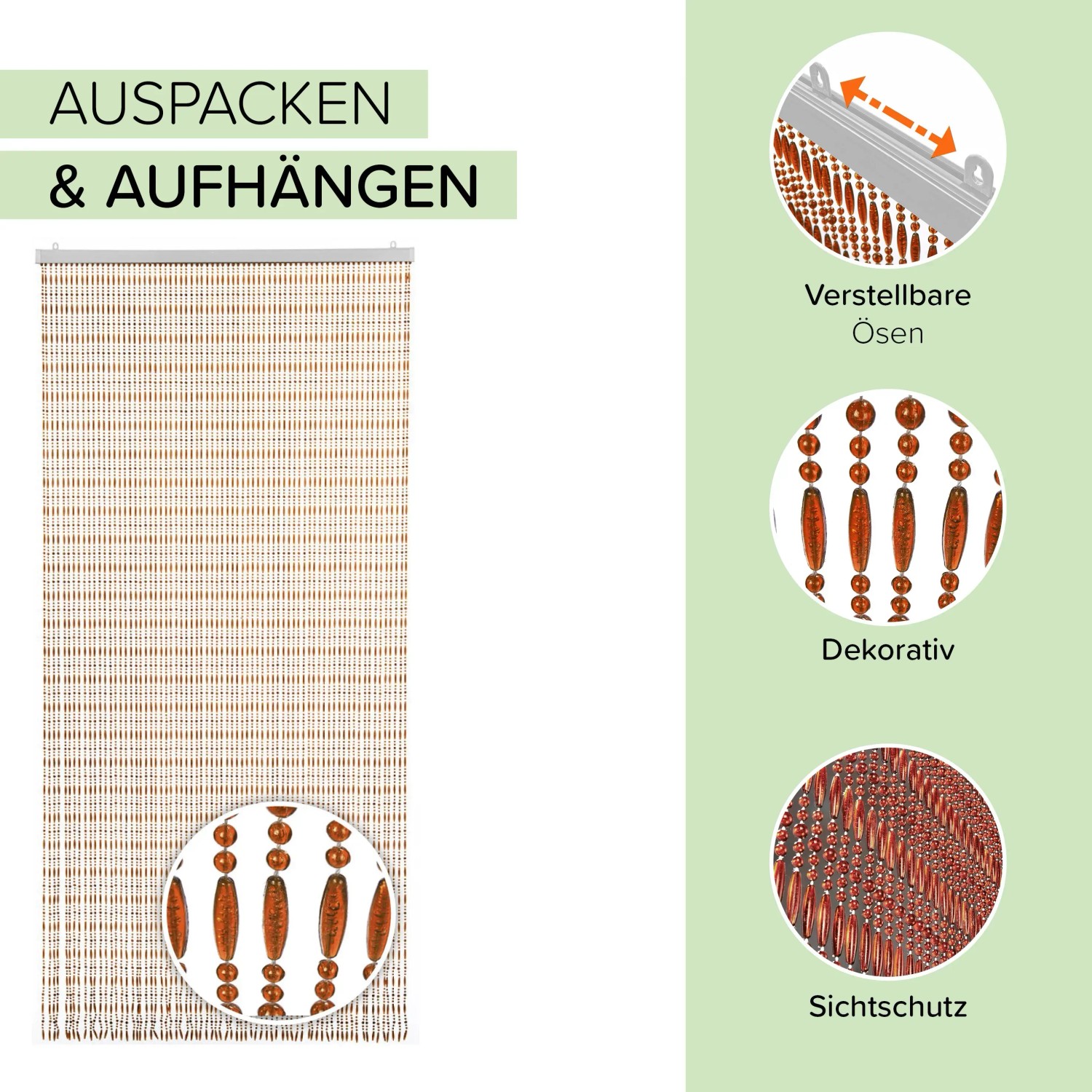Kobolo Türvorhang Amber, Perlenvorhang mit 72 Strängen, braun transparent, Insektenschutz.