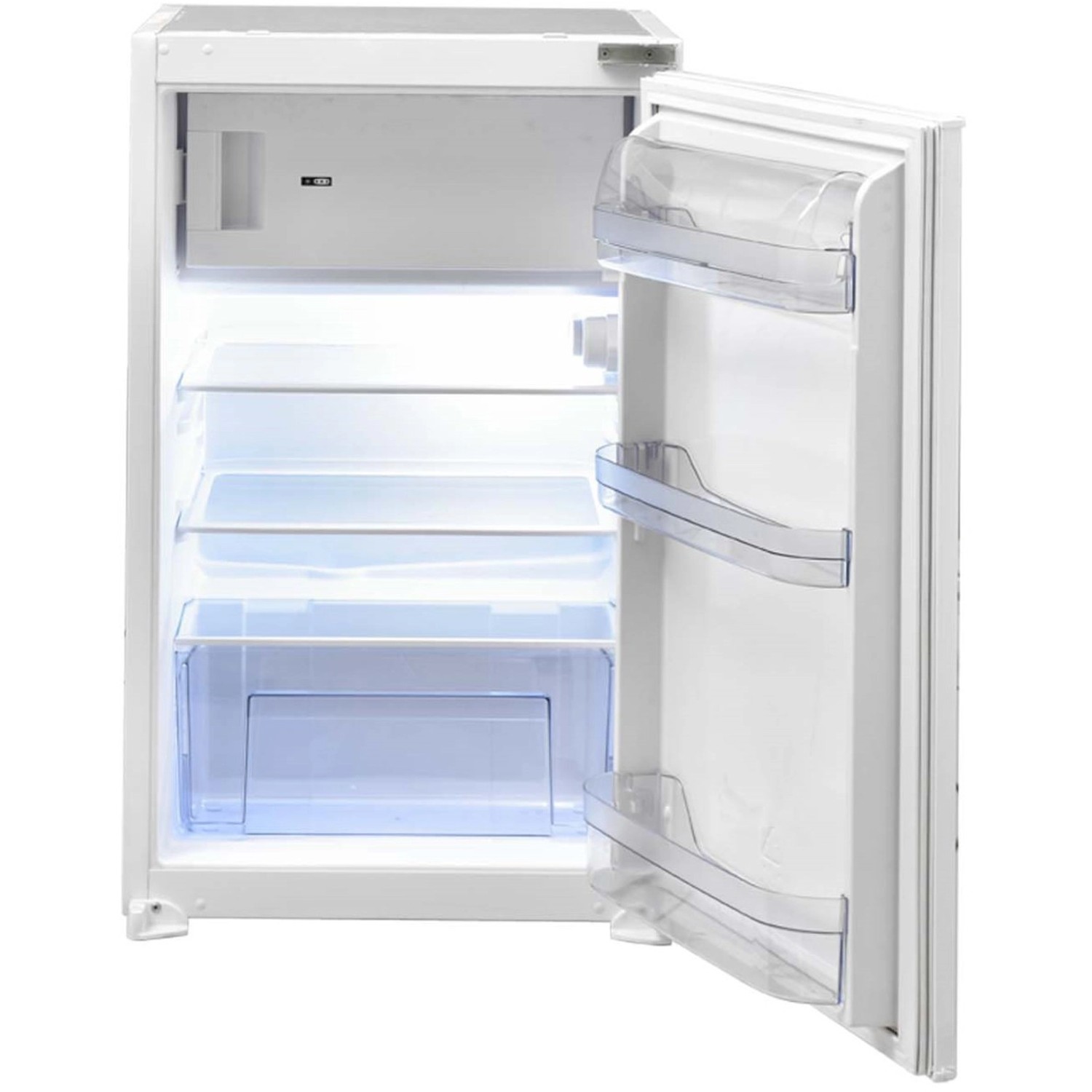 Offener, weißer Einbaukühlschrank der Respekta Economy Küchenzeile mit Regalböden und Türfächern.