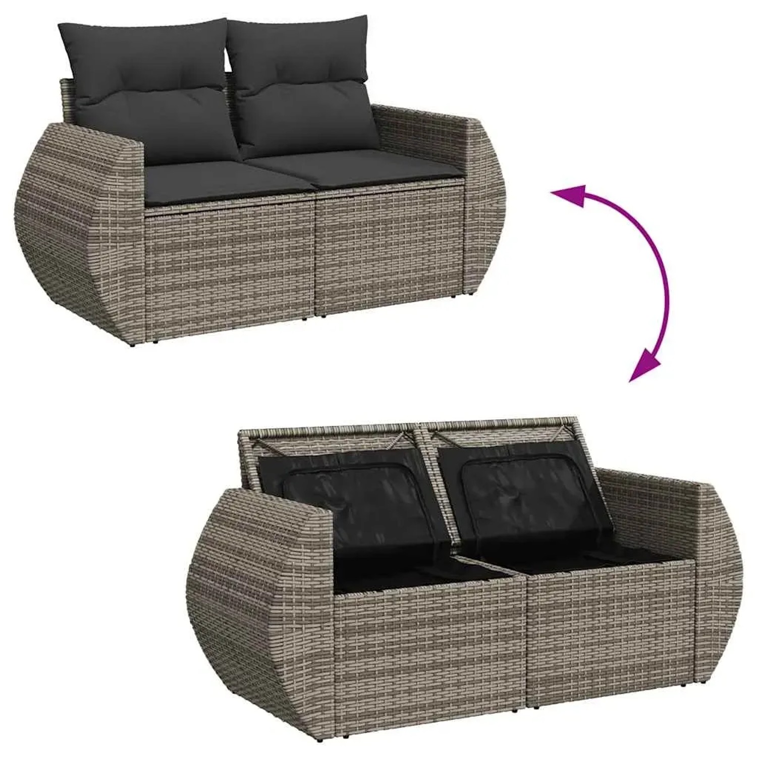 5-tlg. Garten-Sofagarnitur aus grauem Rattan mit Kissen und Stauraum unter den Sitzen.