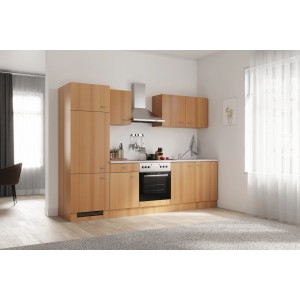 Flex-Well Classic Küchenzeile Nano 270 cm in Buche mit E-Geräten und Spüle.