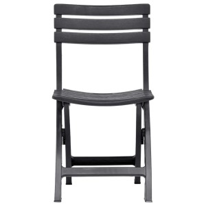 Anthrazitfarbener Klapp-Gartenstuhl aus Kunststoff mit Lamellen-Sitz und -Rückenlehne. Ideal für Balkon & Garten.