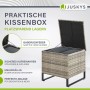 Juskys Polyrattan Auflagenbox Santorini, grau meliert, mit geöffnetem Deckel und Polstern.