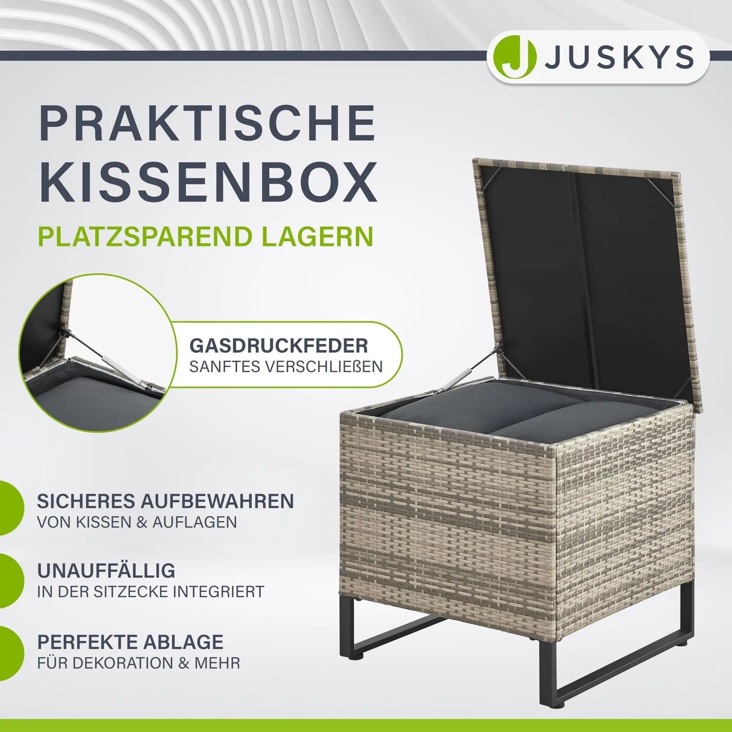 Juskys Polyrattan Auflagenbox Santorini, grau meliert, mit geöffnetem Deckel und Polstern.