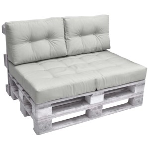 Hellgraue Beautissu Palettenkissen für Sitz und Rücken auf Europaletten. 2-teiliges Set, robust, komfortabel für Indoor & Outdoor.