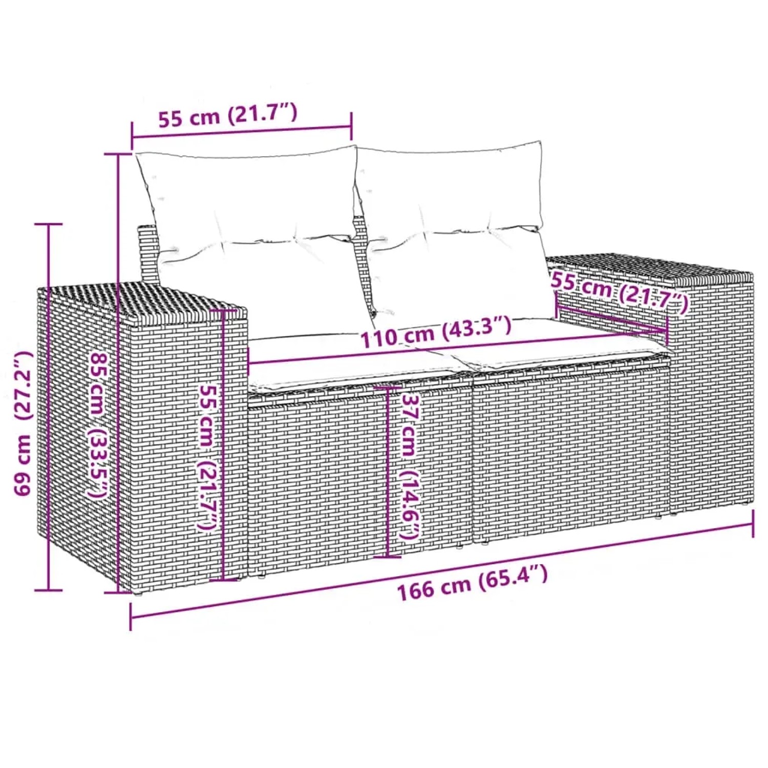 vidaXL Garten-Sofagarnitur, 10-teilig, grau, Poly Rattan mit Maßen.
