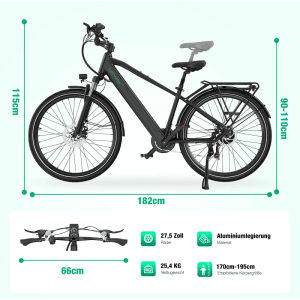 Schwarzes HITWAY E-Bike BK7S Pro mit 27,5 Zoll Rädern, Aluminiumrahmen, Gepäckträger und Schutzblechen. Ideal für Stadt & Touren.