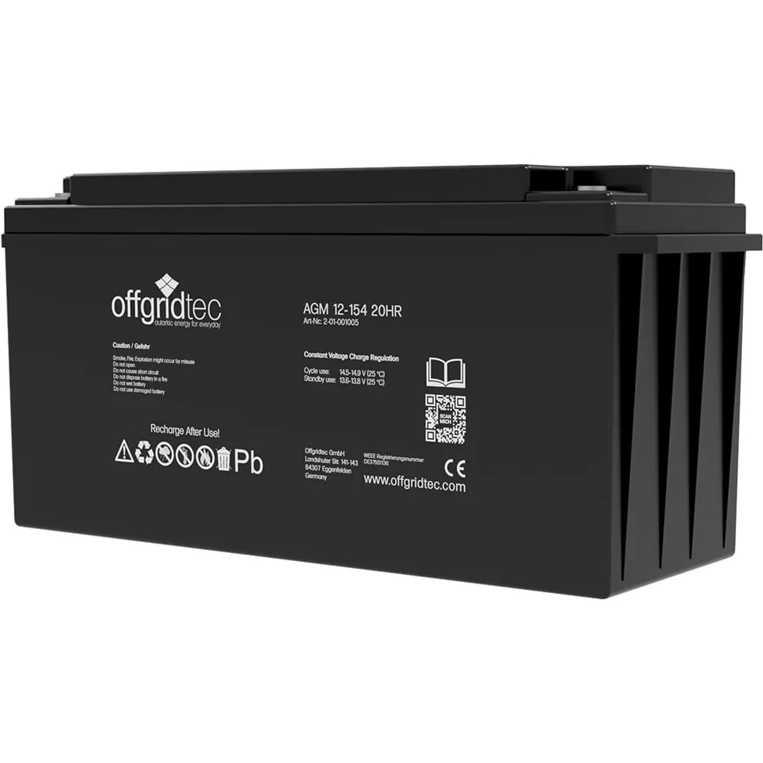 Schwarze Offgridtec 154Ah AGM Batterie für Solaranlagen. Wartungsfrei und auslaufsicher.