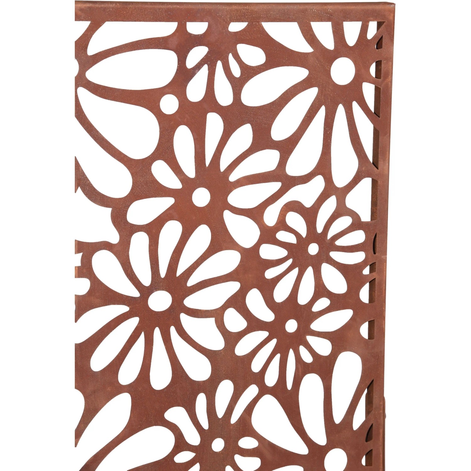Detailansicht des Pflanzkübel Ezra mit Sichtschutz in Rostbraun mit Blumenmuster.