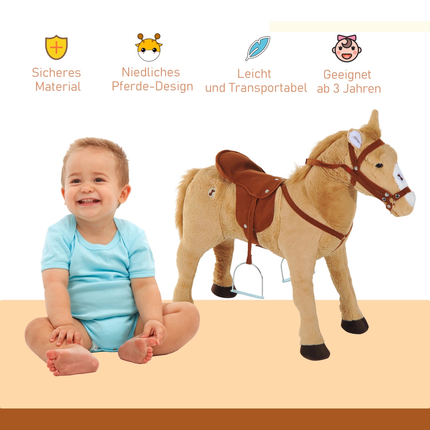 HOMCOM Reitpferd Spielpferd für Kinder, Stehpferd mit Sattel und Steigbügeln.