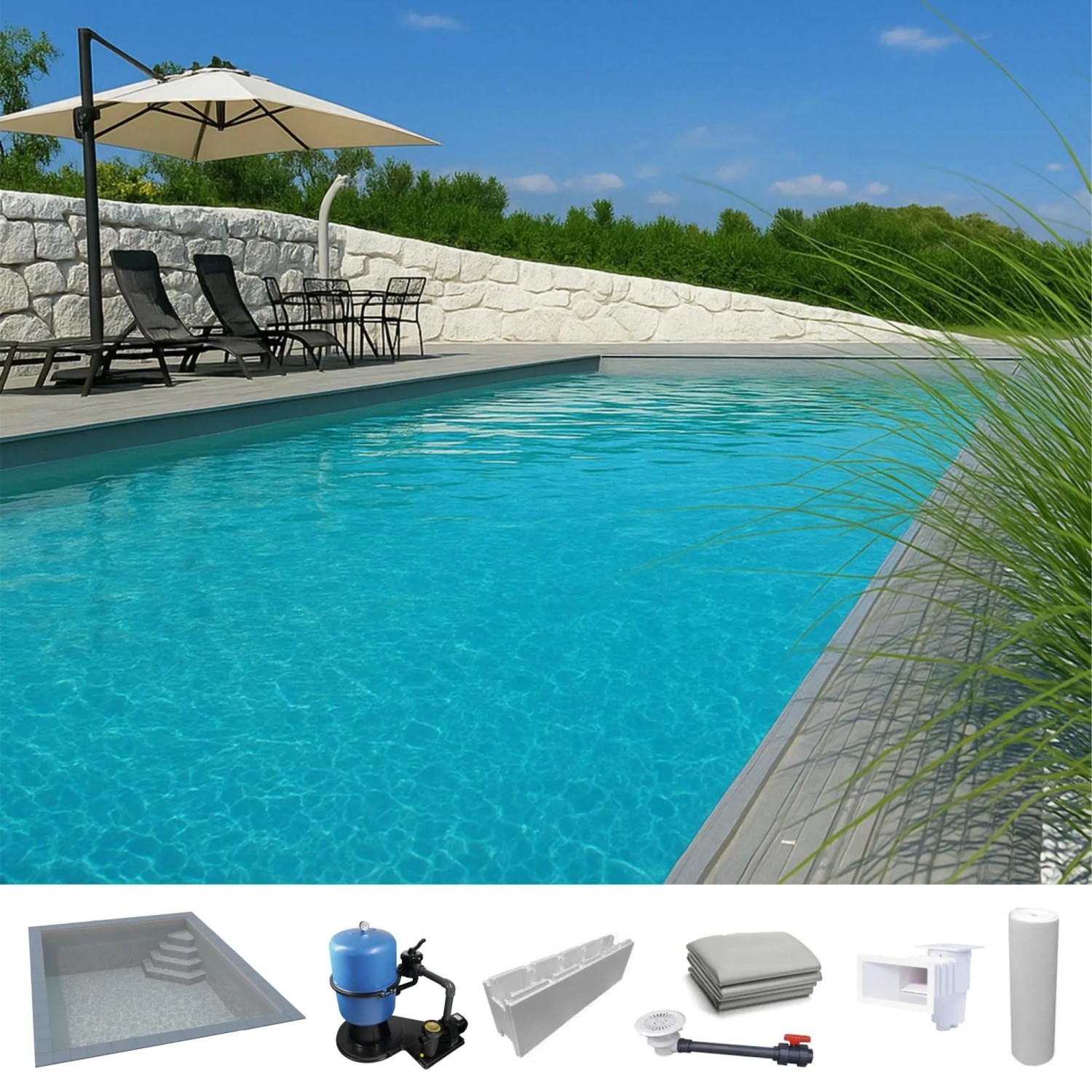 KWAD Styropor Pool Easy mit Ecktreppe Rechts 7 x 3,5 x 1,5 m Grau