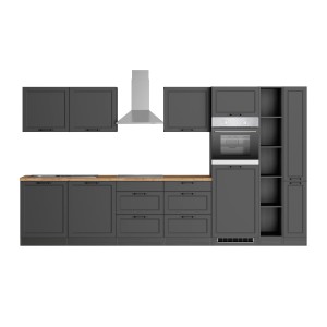 Moderne graue OBI Küchenzeile Kempten 360 cm mit E-Geräten und Arbeitsplatte in Holzoptik.