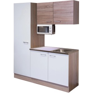 Flex-Well Singleküche 150 cm, Florida Weiß-Sonoma Eiche mit Spüle und Mikrowelle.