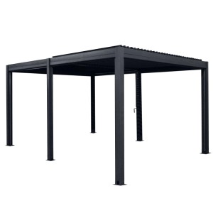 Anthrazitfarbener osoltus Bioclimatic Lamellen-Pavillon 4x3m aus Aluminium mit verstellbarem Lamellendach für Sonnenschutz.