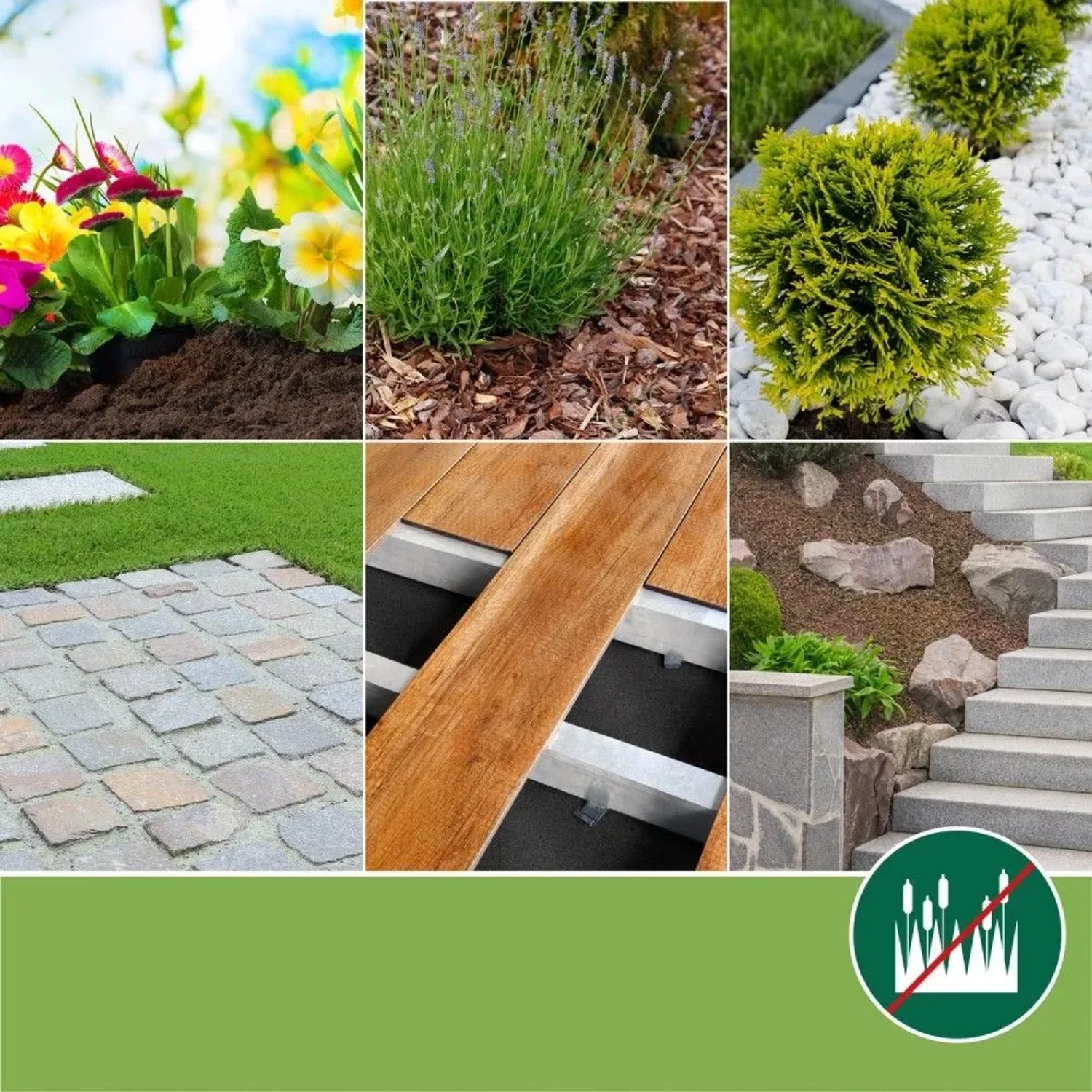 Anwendungsbeispiele Moorland Gardur Unkrautvlies: Beet, Terrasse, Gartenwege.