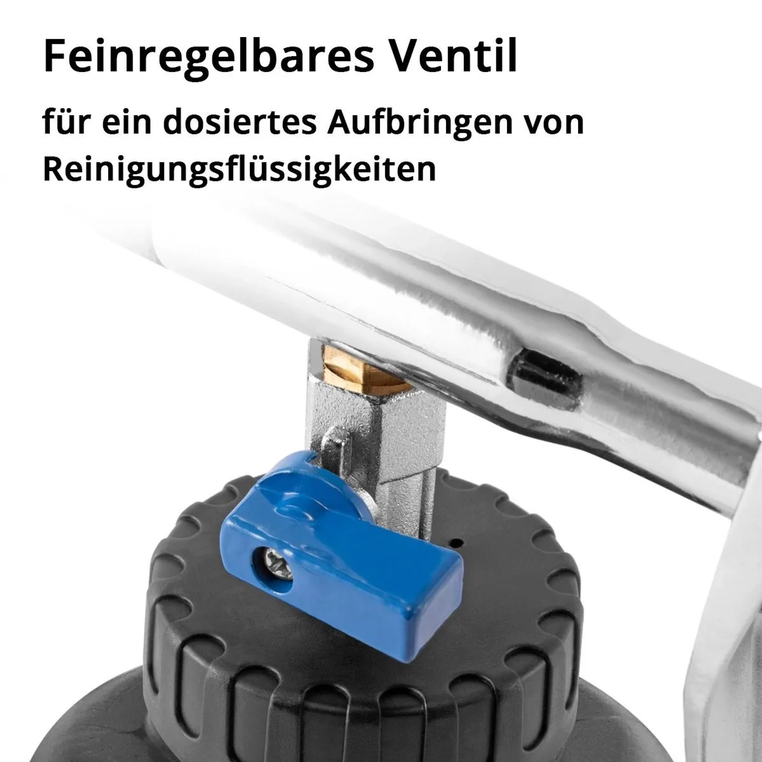Nahaufnahme des feinregulierbaren Ventils der STAHLWERK Druckluft-Reinigungspistole RP-90 ST für dosierte Flüssigkeitsabgabe.