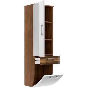 Posseik Bad-Hochschrank Rima, Walnuss-Optik, mit offener Tür, Schublade und Klappe.