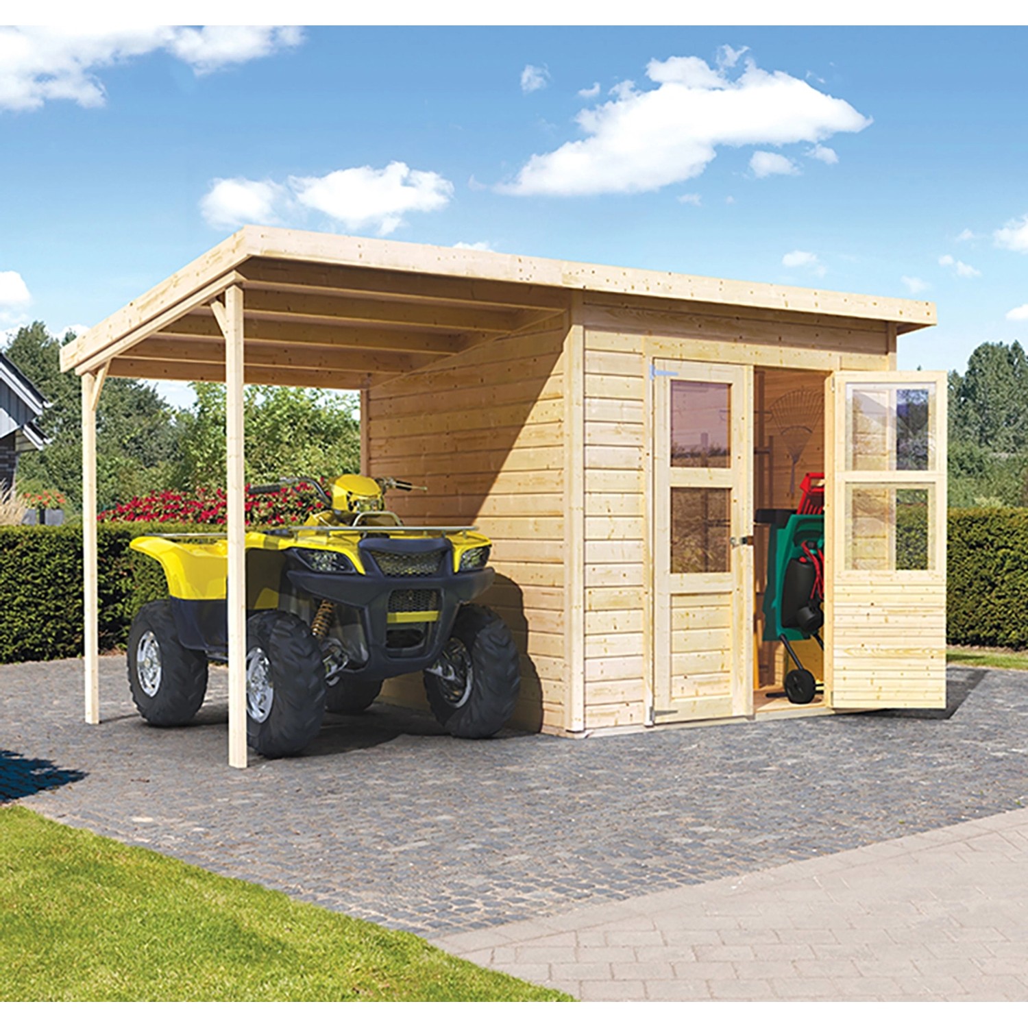 Karibu Holz-Gartenhaus Neuenburg Natur 370 cm x 210 cm davon 162 cm Anbauba günstig online kaufen