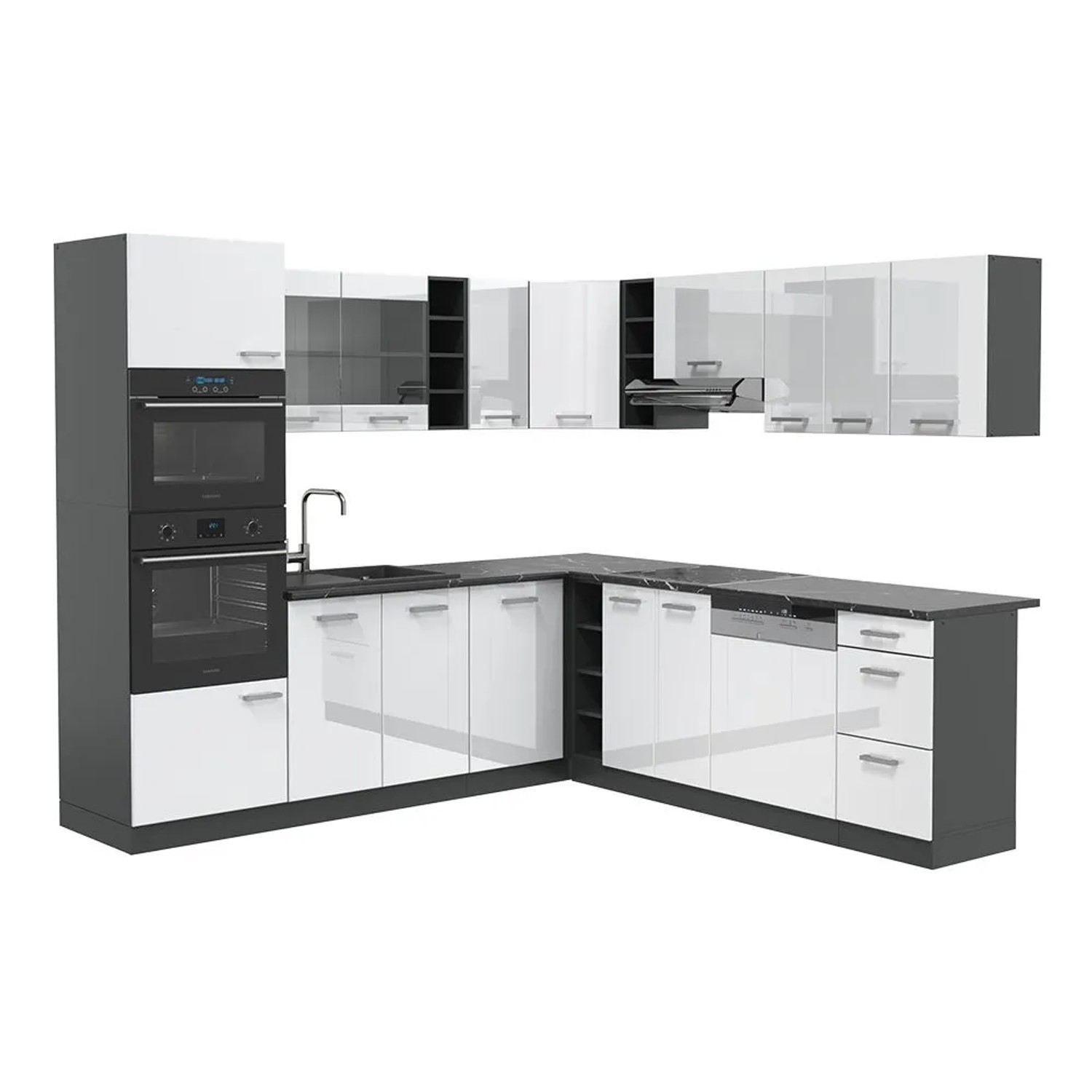 Vicco Eckküche R-Line Weiß Hochglanz/Anthrazit 247 x 82 ohne Arbeitsplatte
