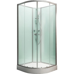 Schulte Komplettduschkabine Kreta II mit hellgrünen Glasrückwänden und Alu-Rahmen.