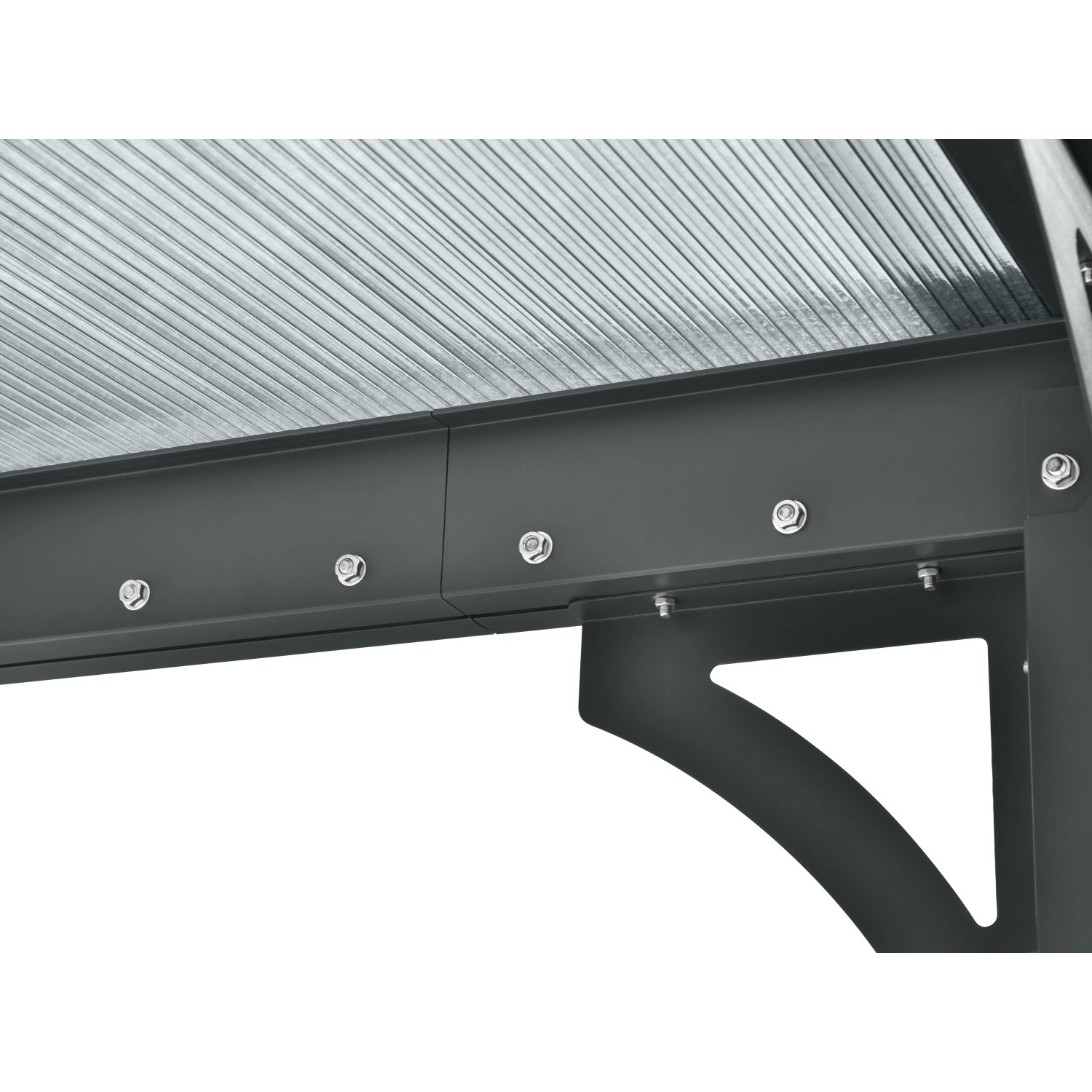Detailansicht des anthrazitfarbenen Floraworld Flachdach-Carports aus Aluminium mit Polycarbonatplatten.