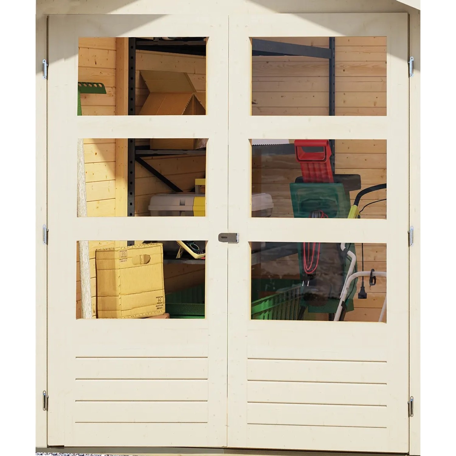 Karibu Gartenhaus Sitten 3: Terragraues Holzhaus mit Doppeltür und Fenstern.