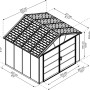 Skizze des grauen Palram Canopia Gerätehauses 3.3 x 2.7 m mit Maßangaben.