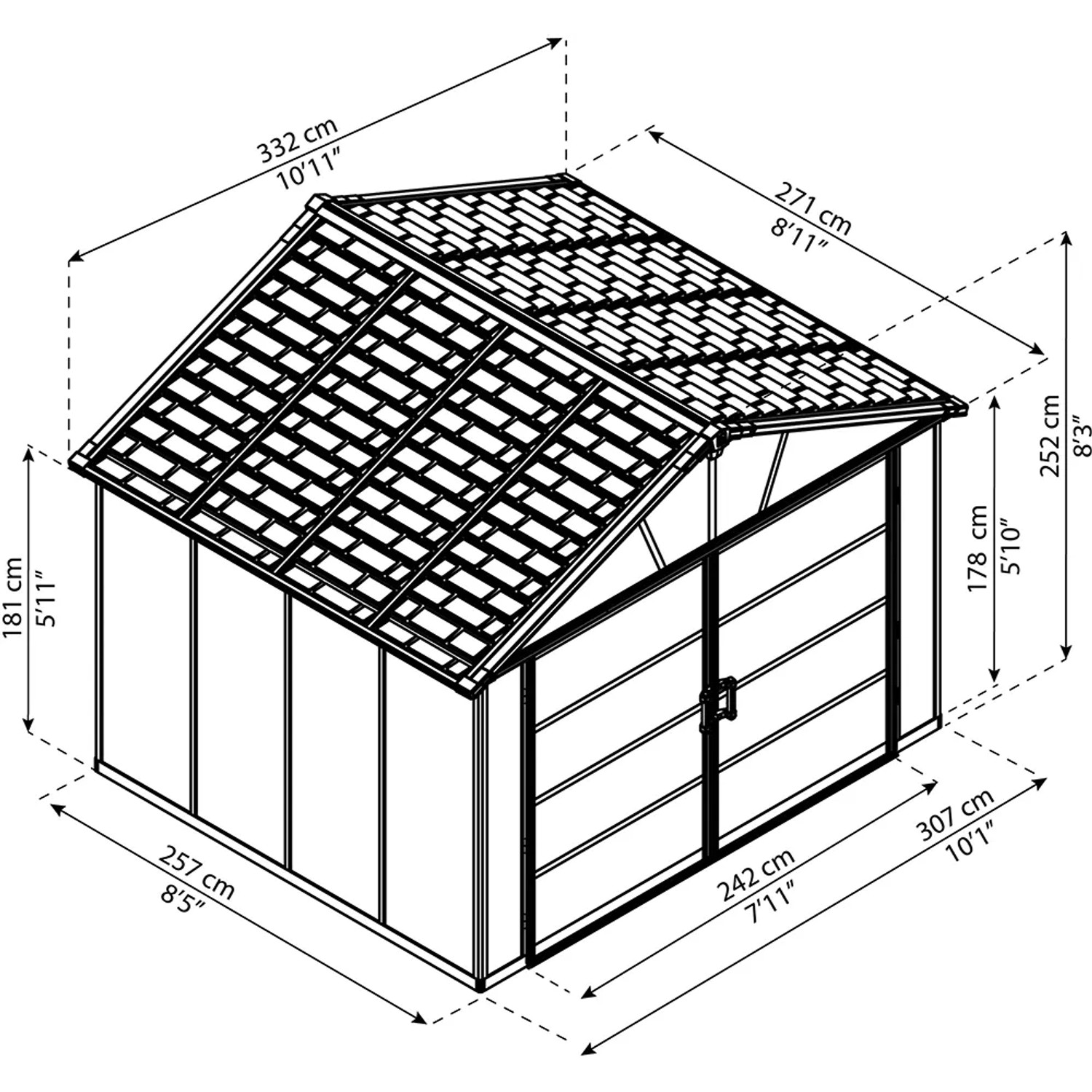 Skizze des grauen Palram Canopia Gerätehauses 3.3 x 2.7 m mit Maßangaben.