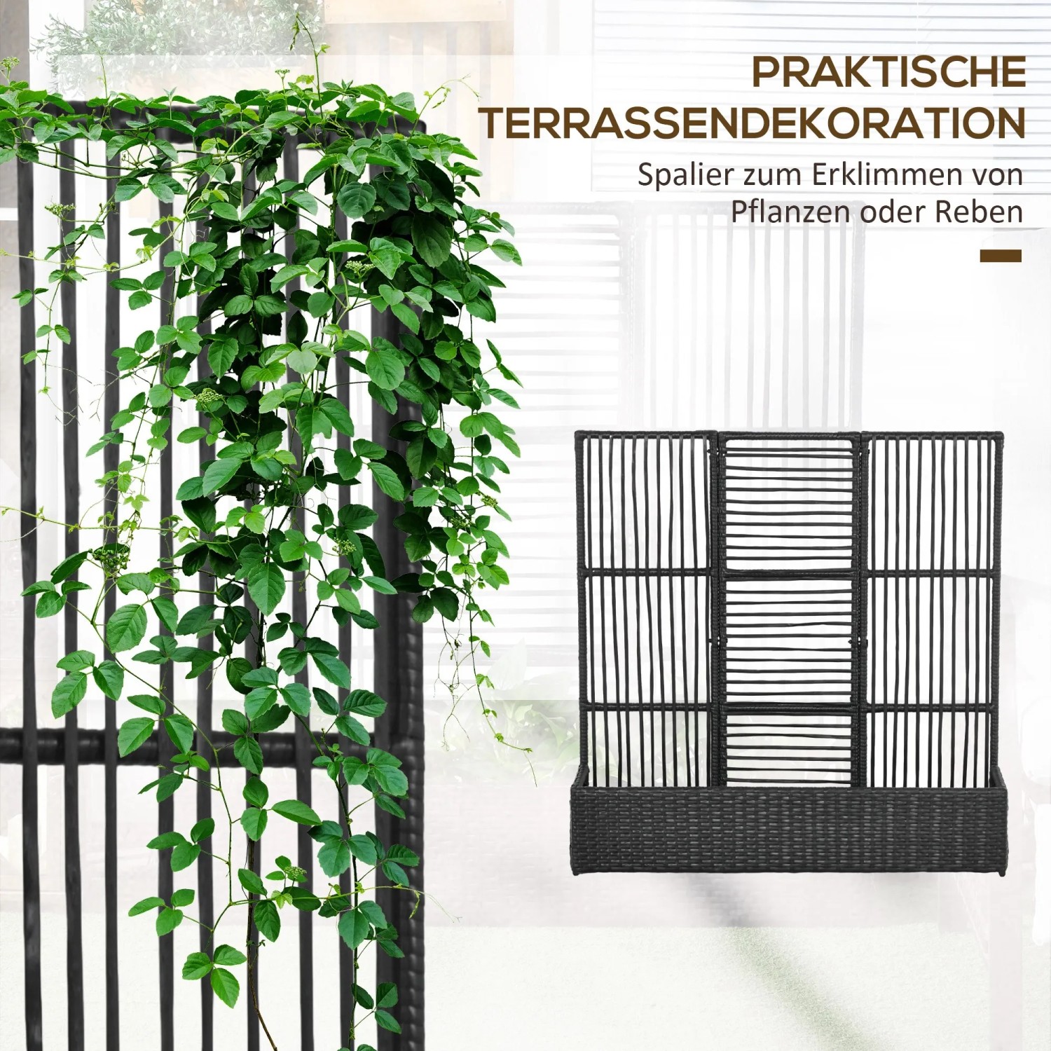 Schwarzer Outsunny Blumenkasten mit Spalier aus PE-Rattan und Stahl, teilweise mit Pflanzen bewachsen.