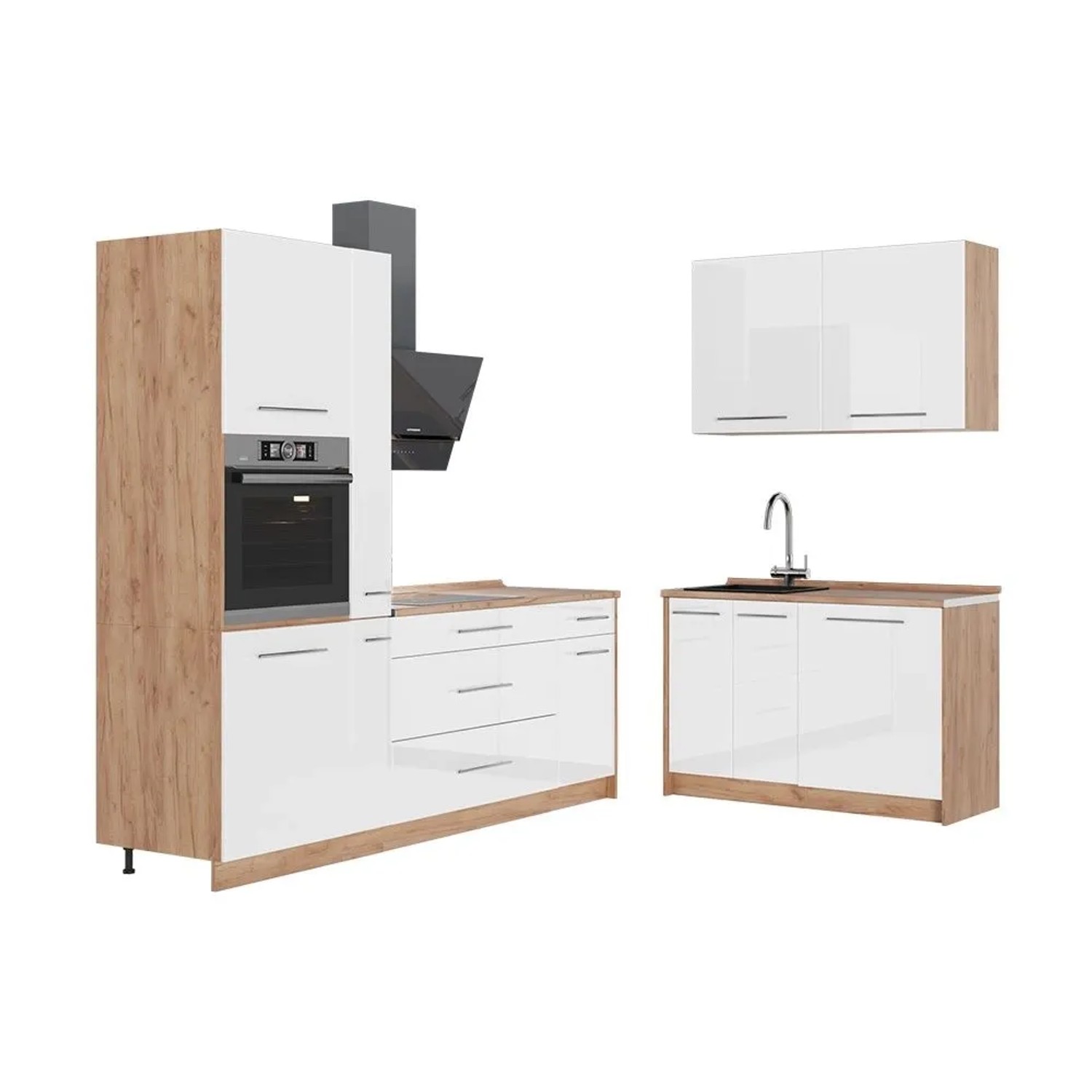 Vicco Küchenzeile Fame-Line Weiß Hochglanz/Goldkraft Eiche 220 x 207 AP Eiche Art Nr 64996