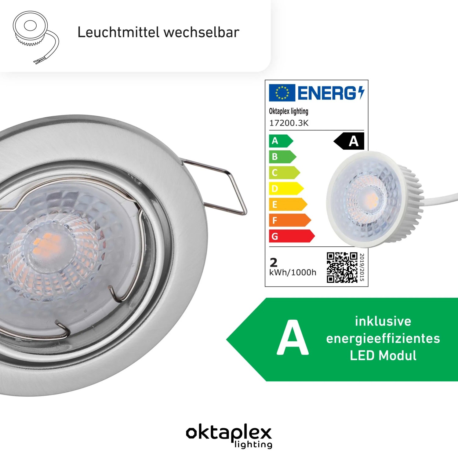 Oktaplex Dijon Einbaustrahler Set, 12er, Edelstahl gebürstet, mit LED Modul und Energieeffizienzlabel.