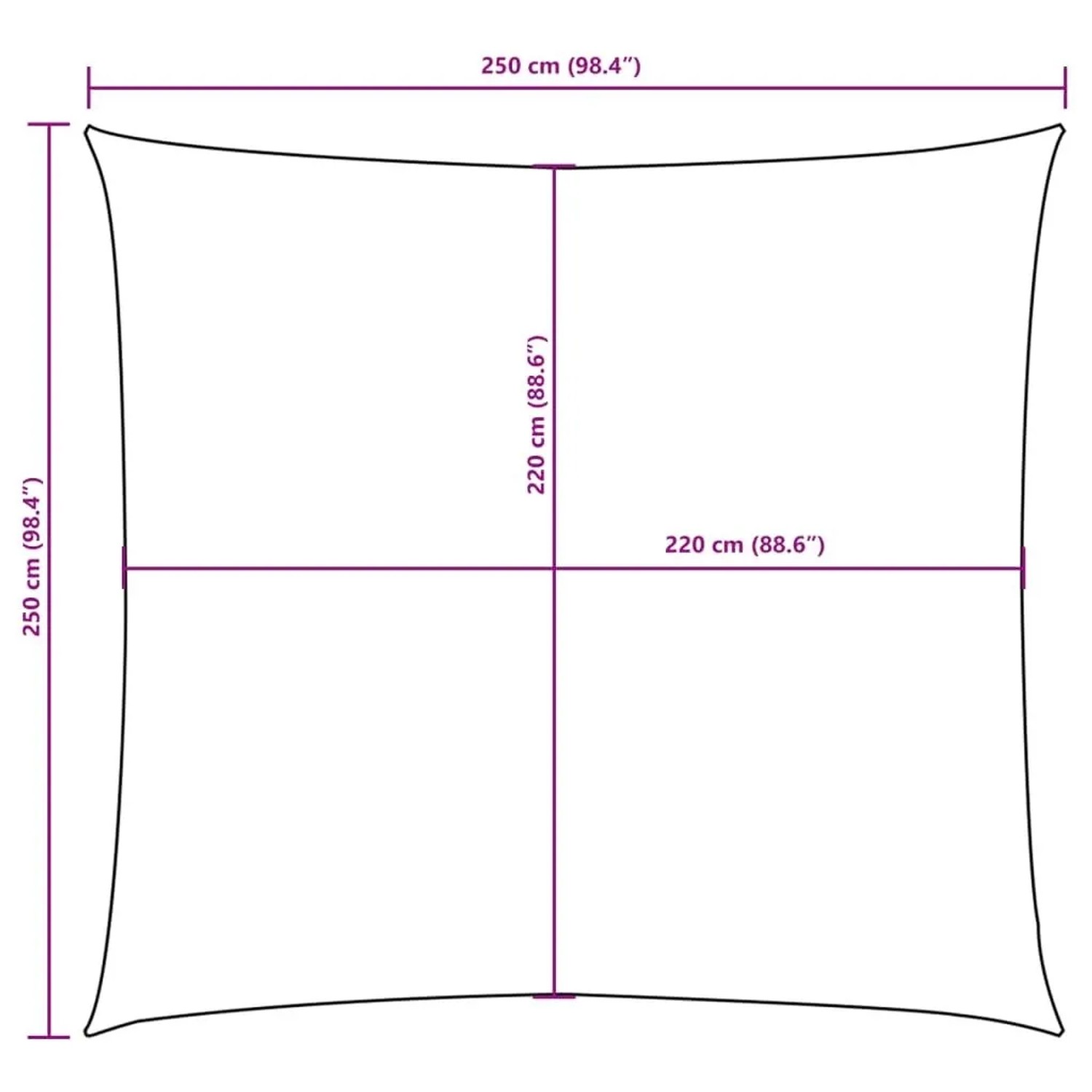 Maßzeichnung des quadratischen vidaXL Sonnensegels 2,5x2,5 m mit allen relevanten Abmessungen.