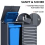 KARAT Mülltonnenbox Magnus mit Tür, Edelstahlrahmen und blauer Mülltonne. Ordnungssystem für den Garten.